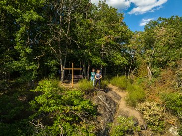 Zwei Personen stehen auf einem Felsen im Wald neben einer Holzskulptur.