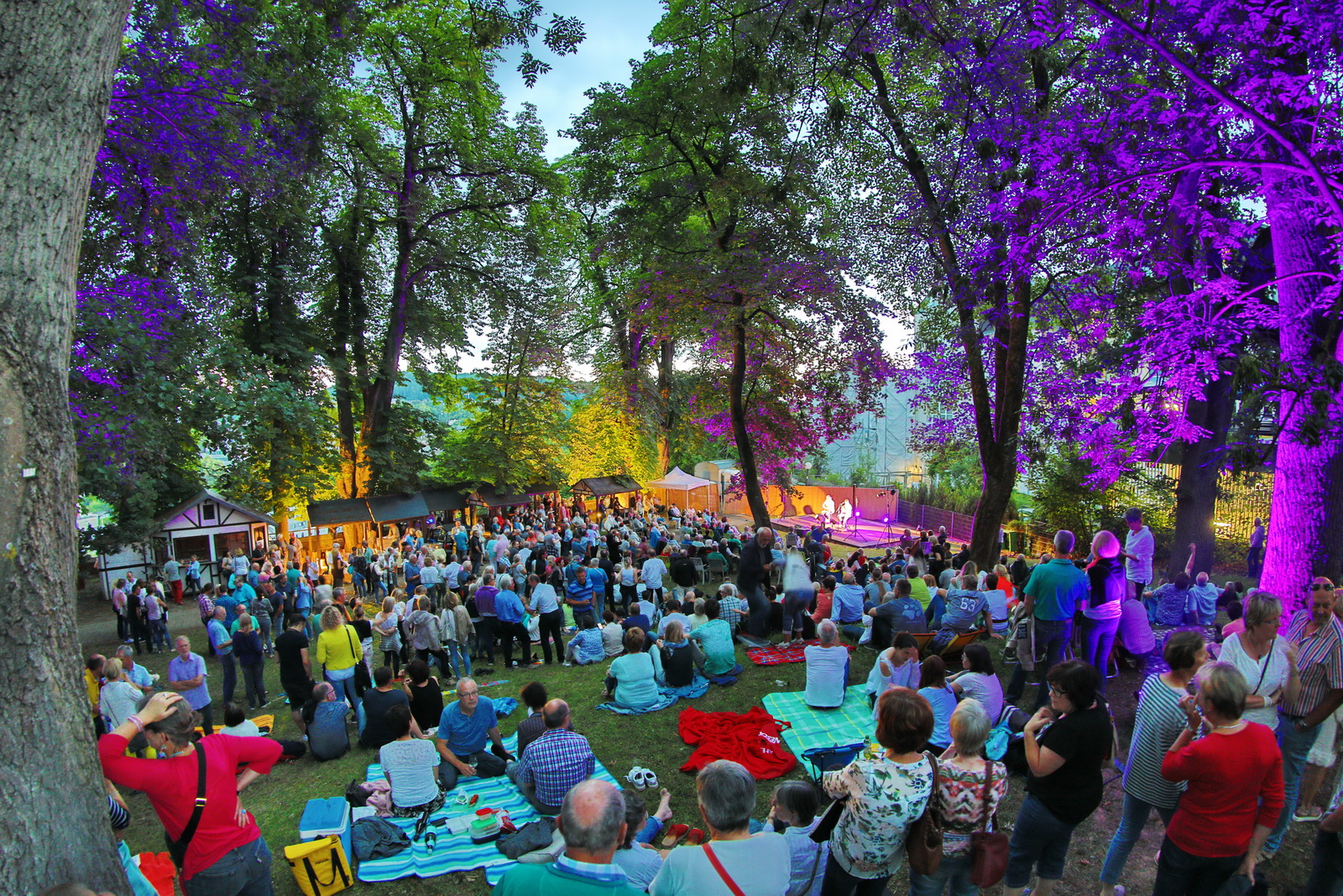 Große Menschenmenge in einem Park bei Abendveranstaltung mit bunten Lichtern